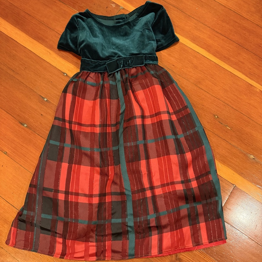Good Lad Girls Holiday Dress Green Velvet Top & Red Plaid Bottom Size 6